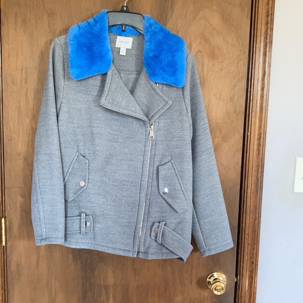 Relist 11/10❌ Nine West blue faux fur collar gray coat size S - Picture 3 of 16